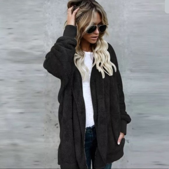 RESTOCKED Black Fuzzy Hooded Oversized Cardigan - Picture 3 of 4